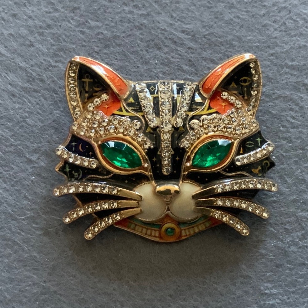 Vintage Enamel Cat Mask Brooch Pin Rhinestone Crystal Green Eyes Halloween Gift